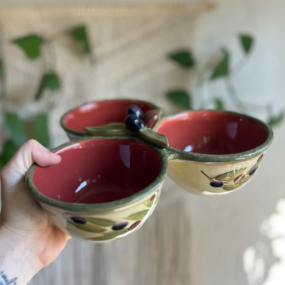 Clay Art Olive Triple Bowl Serving Dish Italian Style 3-Section Ceramic Tapas